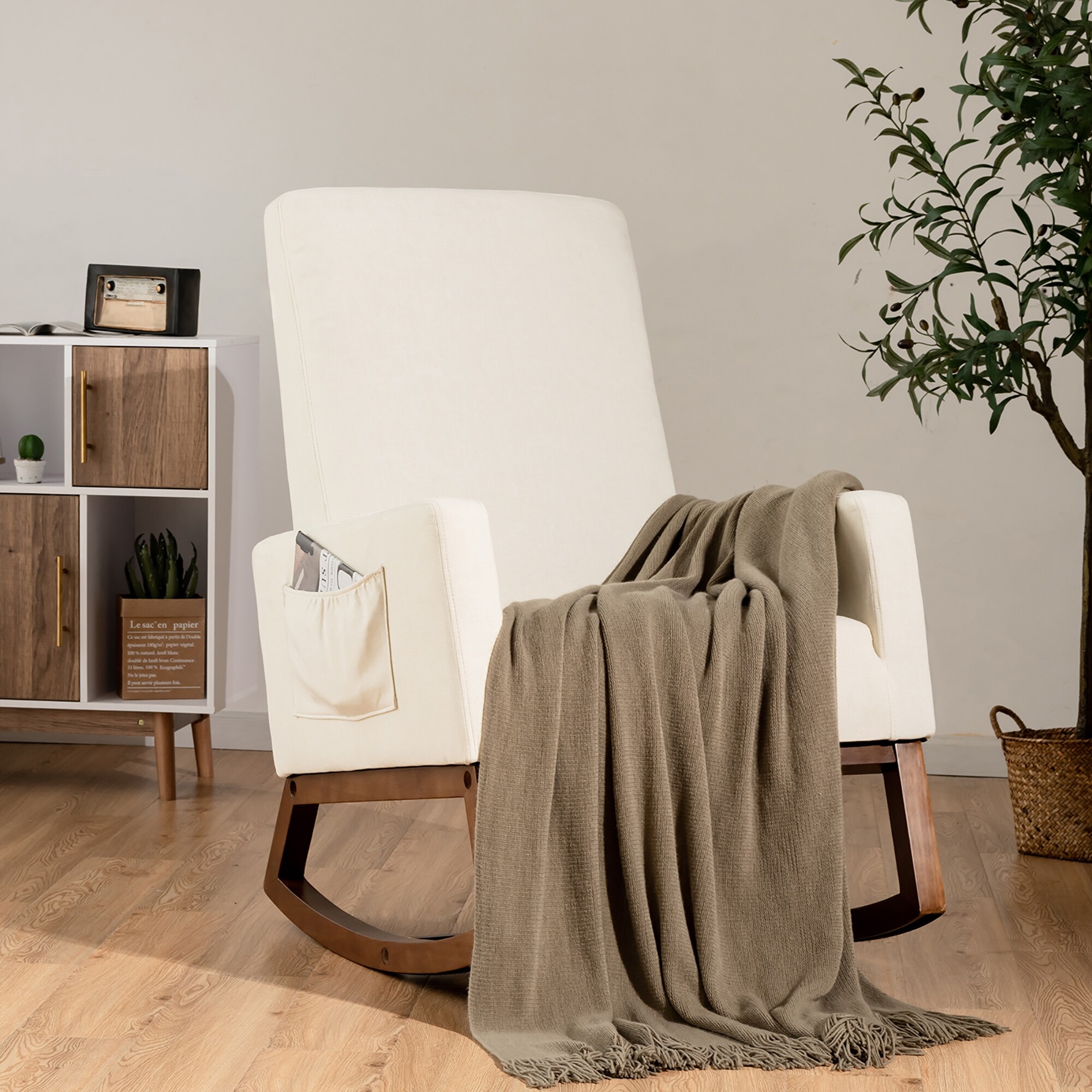 Costway Mid Century Retro Fabric Upholstered Rocking Chair Modern