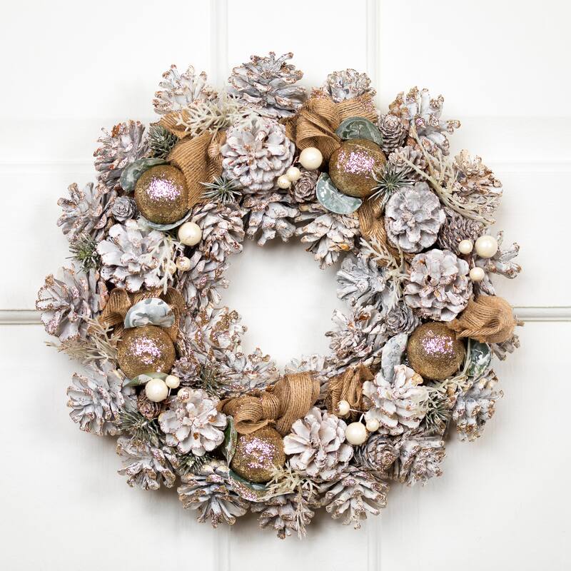 Green Pine Burlap Bows Artificial Glitter Christmas Wreath 13.75"