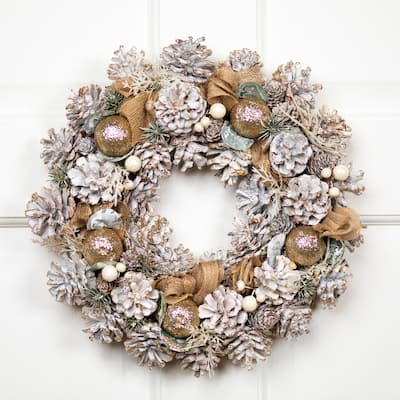 Green Pine Burlap Bows Artificial Glitter Christmas Wreath 13.75"
