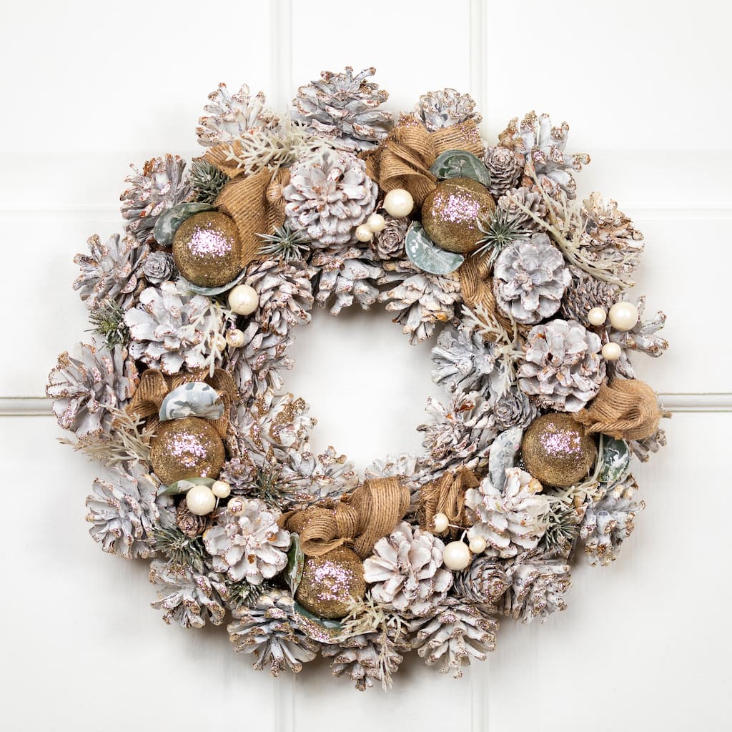 Green Pine Burlap Bows Artificial Glitter Christmas Wreath 13.75"