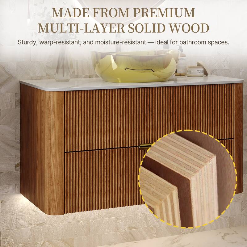 36" Luxury Floating Bathroom Vanities with Gold Single Sink, Brown Wood Cabinets with 2 Drawers