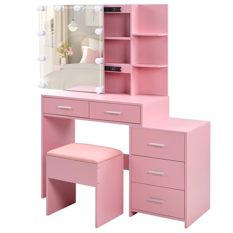 Pink Dressing Table Set with Sliding Mirror Cabinet 5 Drawers and Shelves Lighted Mirror
