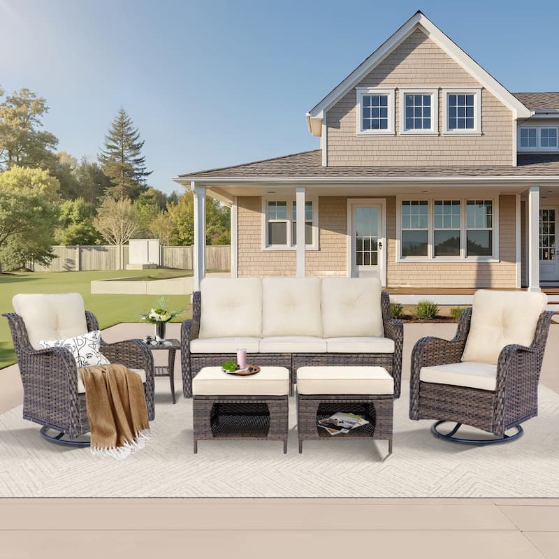 6-piece Wicker Outdoor Patio Furniture Set Swivel Chairs with Ottoman - Beige-Brown Wicker