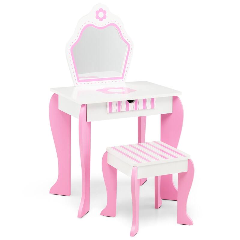 Gymax Kid Vanity Set Wooden Makeup Table Stool w/ Mirror Flower Print