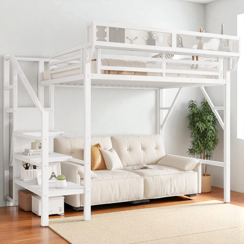 Twin XL Metal Loft Bed with Stairs, Storage Shelves and Wardrobe, High Loft Bed with Under-Bed Space