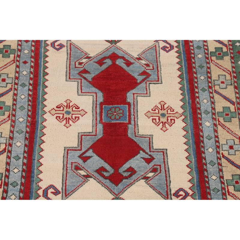 Ivory Geometric Kazak Accent Rug Hand-Knotted Wool Carpet - 3'5" x 5'0"