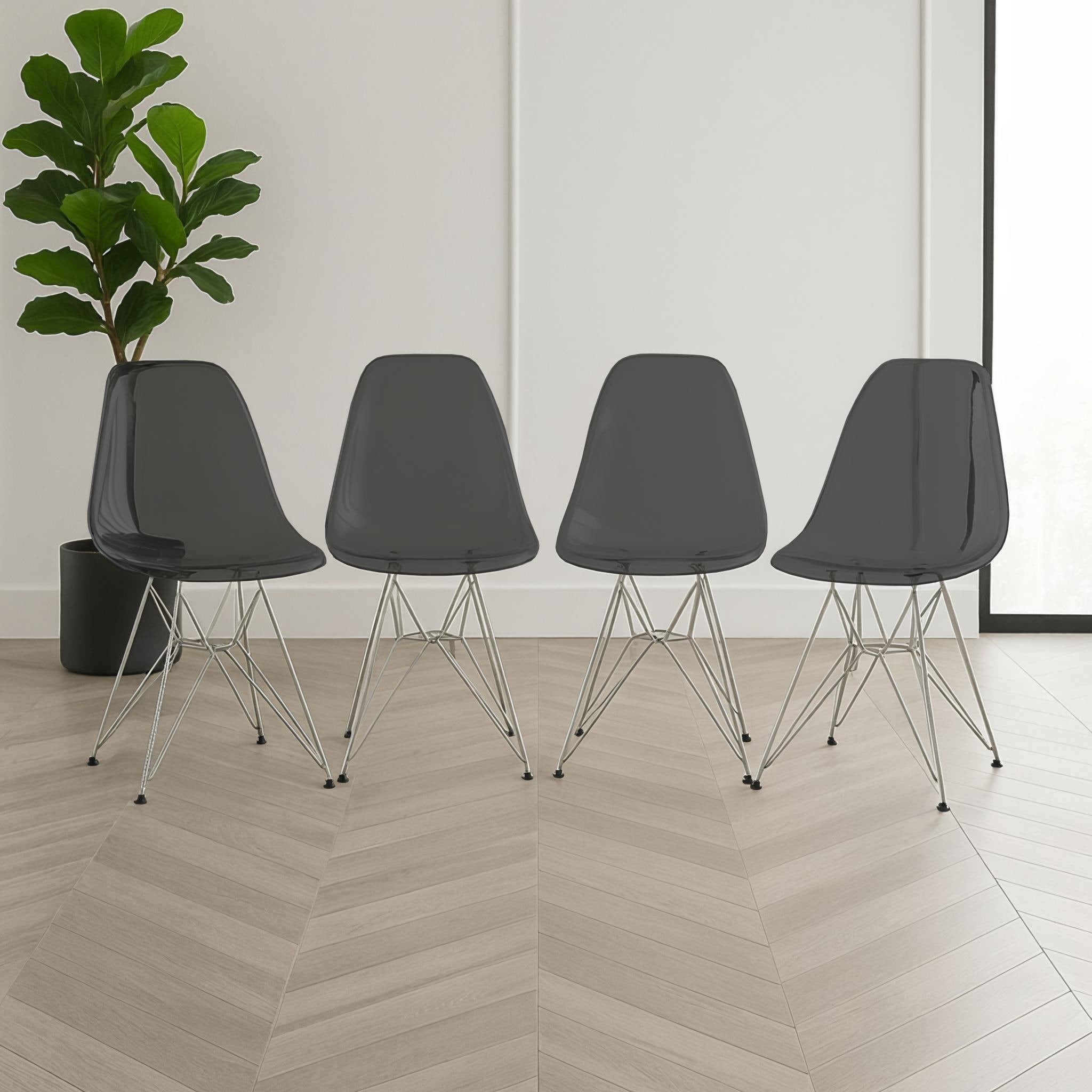 Cresco (Set of 4) Modern Clear Acrylic Dining Chair, Transparent Heavy Duty Chrome Metal Eiffel Steel Base Kitchen Chair