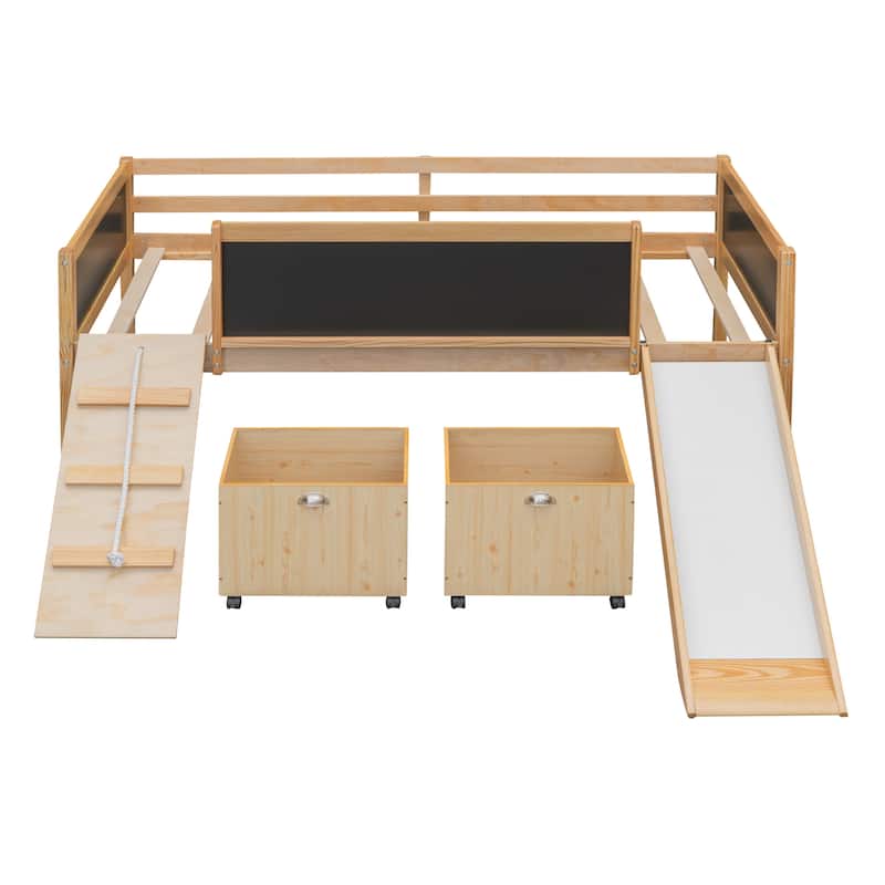 Pine Loft Bed with Climbing Frame, Rope, and DoubleSided Chalkboard