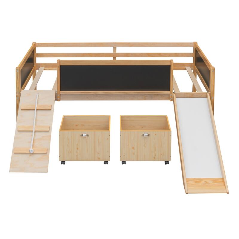 Twin Loft Bed with Climbing Frame and Slide, Wooden Loft Bed with Chalkboard & Storage