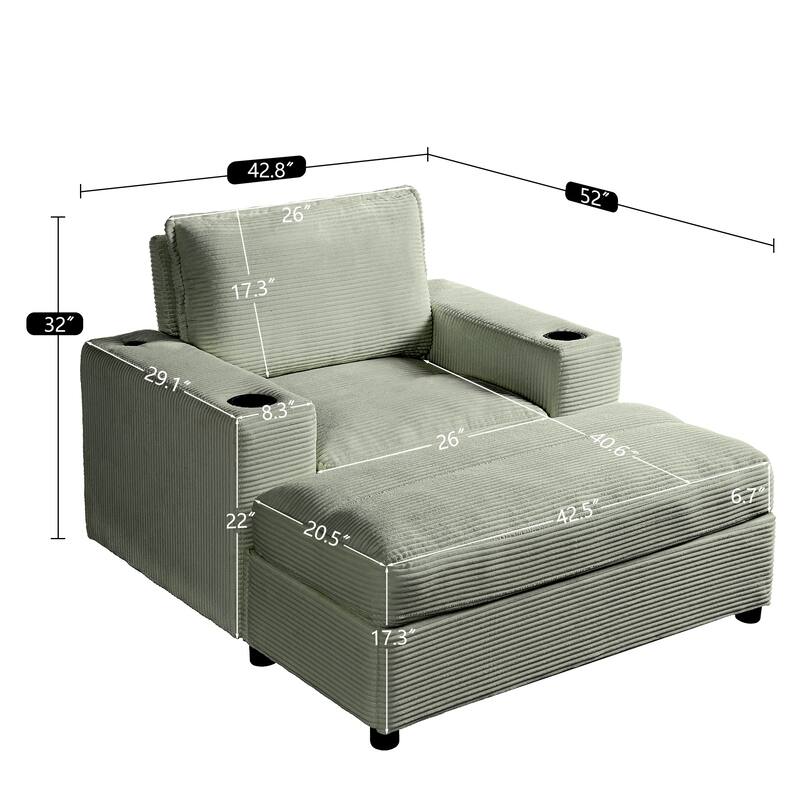 Christopher Knight Home - LuxeComfort Grey Oversized Corduroy Upholstered Chaise Lounge Chair with Storage Ottoman.