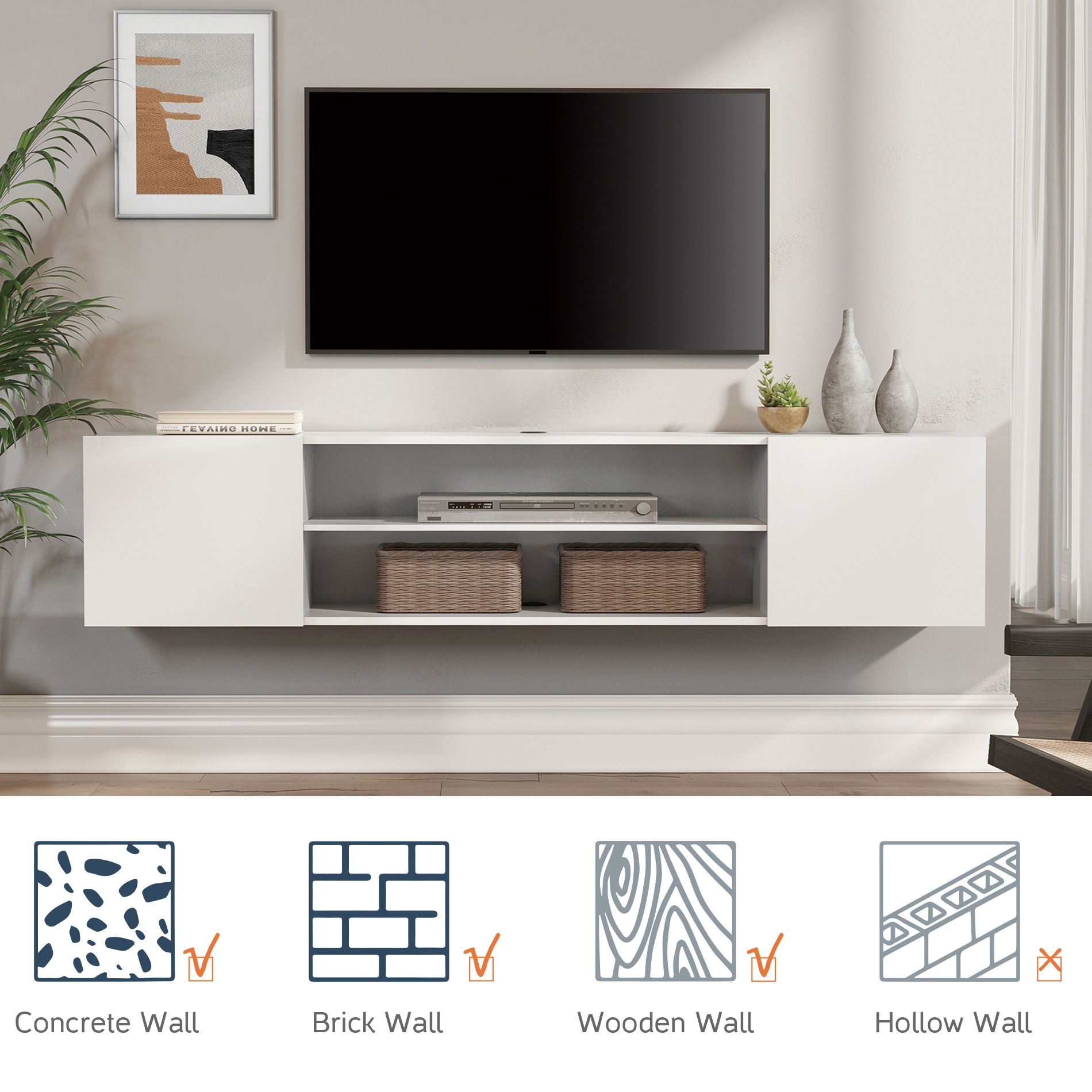 Modern Floating TV Stand with Electric Fireplace - 80"