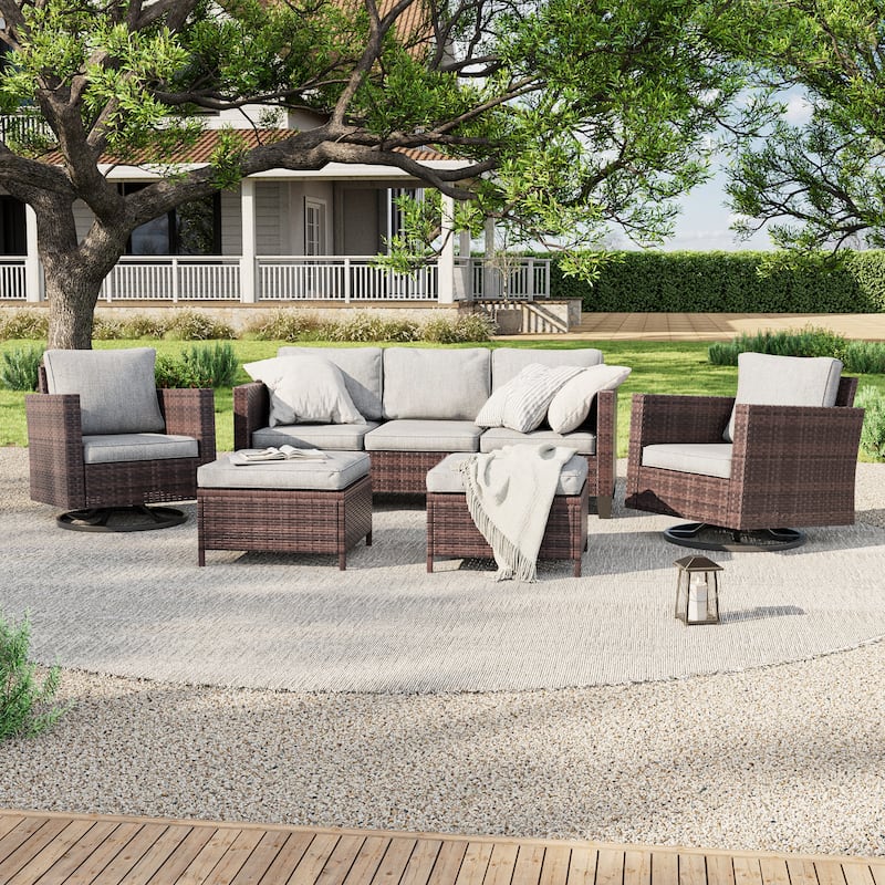 LIVOOSUN 5Pcs Patio Brown Rattan Outdoor Furniture Swivel Rocking Sofa Set - LightGray