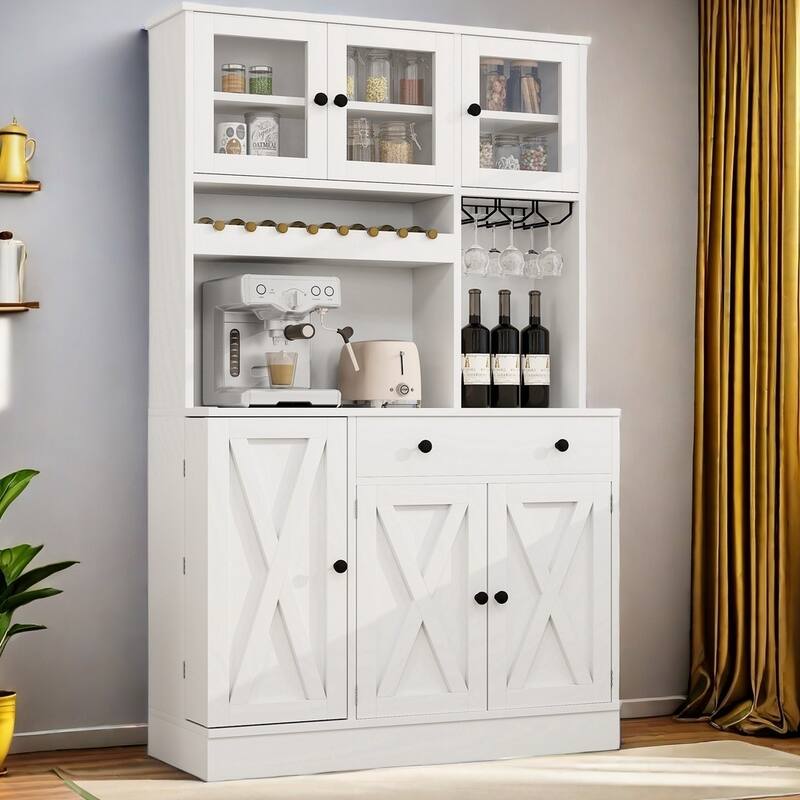 71''H Kitchen Pantry Storage Cabinet Buffet Cabinet w/ Goblet Holder and Wine Rack - 40.9"L x 15.7"W x70.8"H