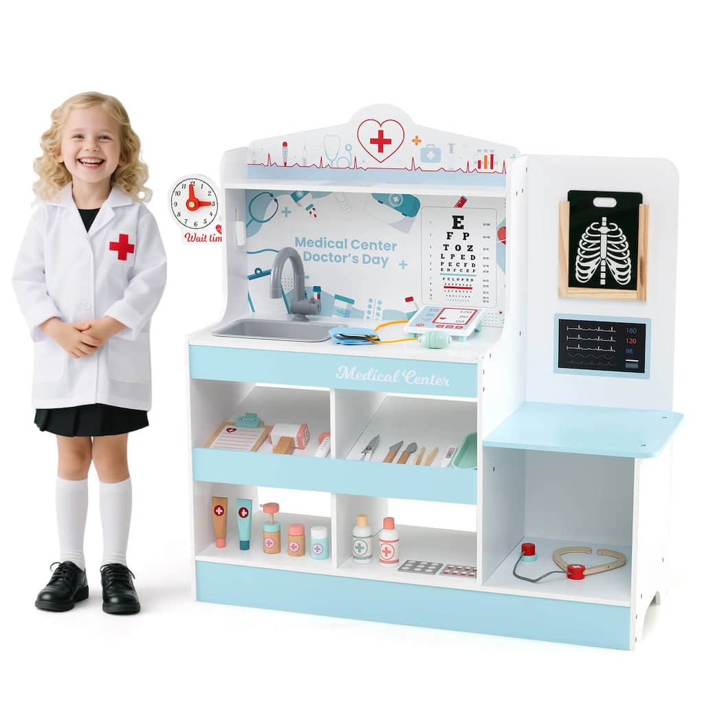 Honeyjoy Wooden Doctor Play Set with Clock Sink Eye Chart ECG Monitor - See Details