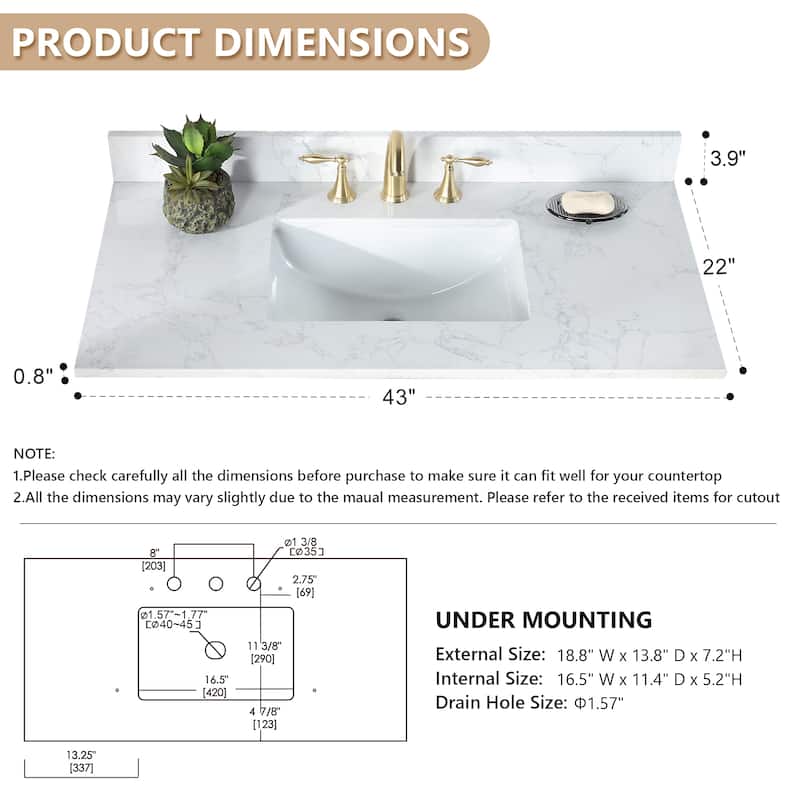 Altair Ceres Engineered Stone Vanity Top in Grain White Without Cabinet