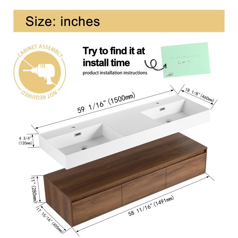Malwee 30"/60" Floating Bathroom Vanity, Wall Mounted Bathroom Vanity with Single/Double Sink and Soft Close Drawers