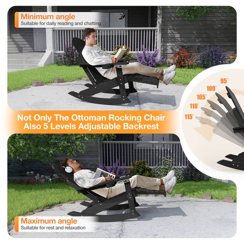WINSOON HIPS All Weather Rocking Adirondack Chair with Adjustable Backrest and Retractable Ottoman