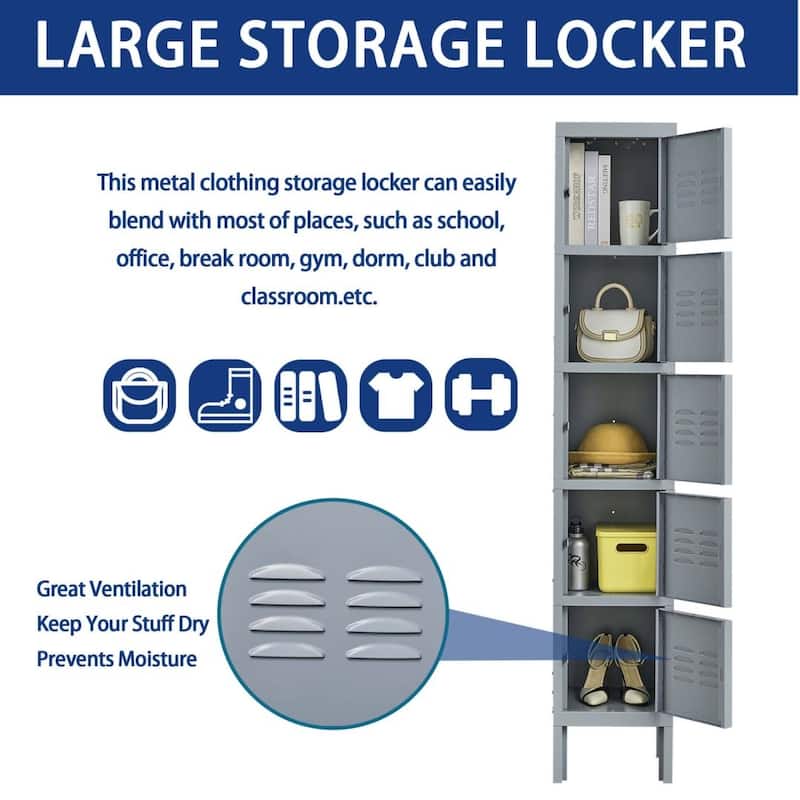 5 Door 66"H Metal Lockers With Lock for Employees Storage Locker Cabinet for Home Gym Office School Garage