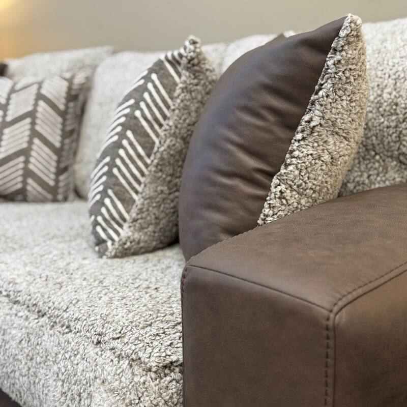 Roundhill Furniture Marvella 4-Piece Living Room Set, Chocolate Faux Leather Upholstery and Curly Shearling Cushions