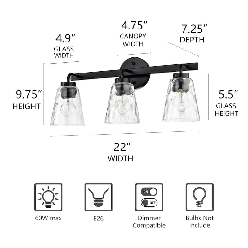 Matte Black 3-Light 22 in. Vanity Light with Hammered Clear Glass Shades - Matte Black