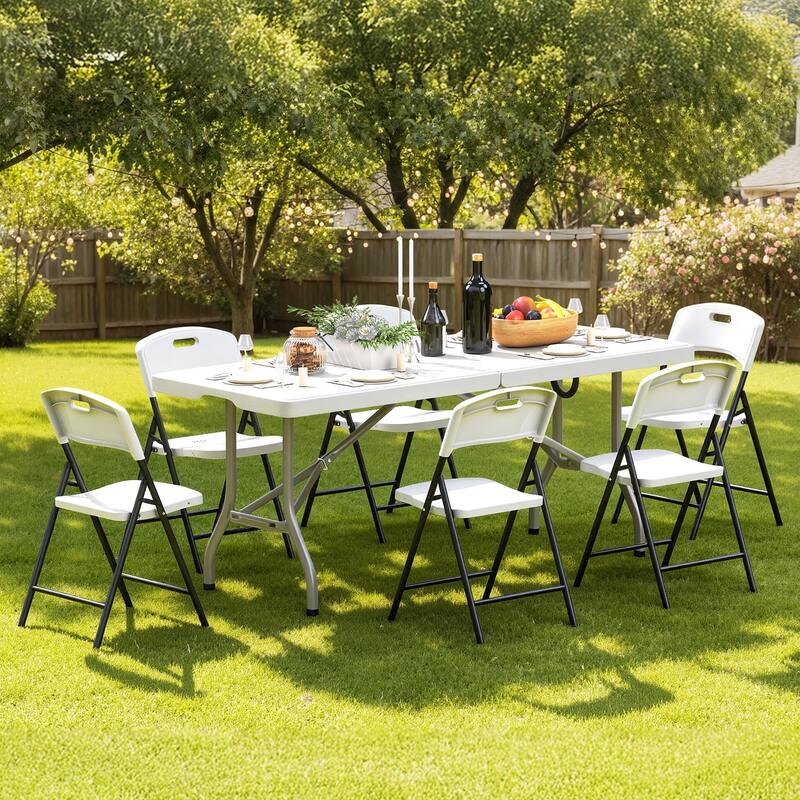 70.5" Foldable Outdoor Dining Set with 6 Fully assembled Dining Chairs - White
