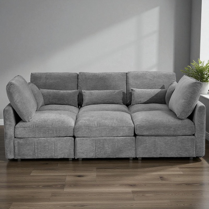 85.4" Modular Sectional Sofa with Movable Ottoman, USB Ports and Phone Holder, Chenille U-Shape Couch for Living Room - Grey