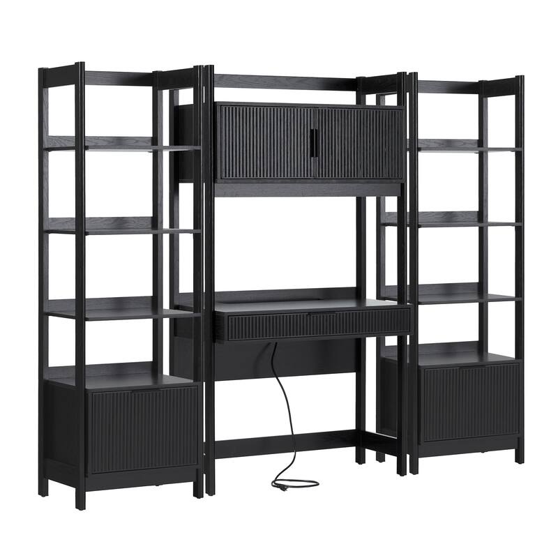 Walker Edison Hutch Desk with 2 Narrow Bookcases