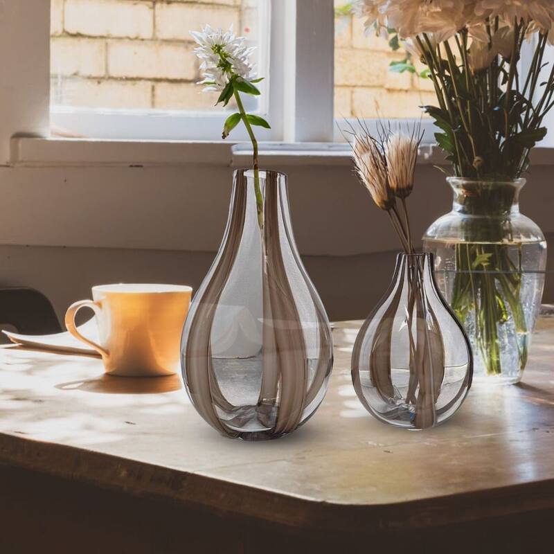 Set of Two Brown Striped Teardrop Handblown Glass Vases