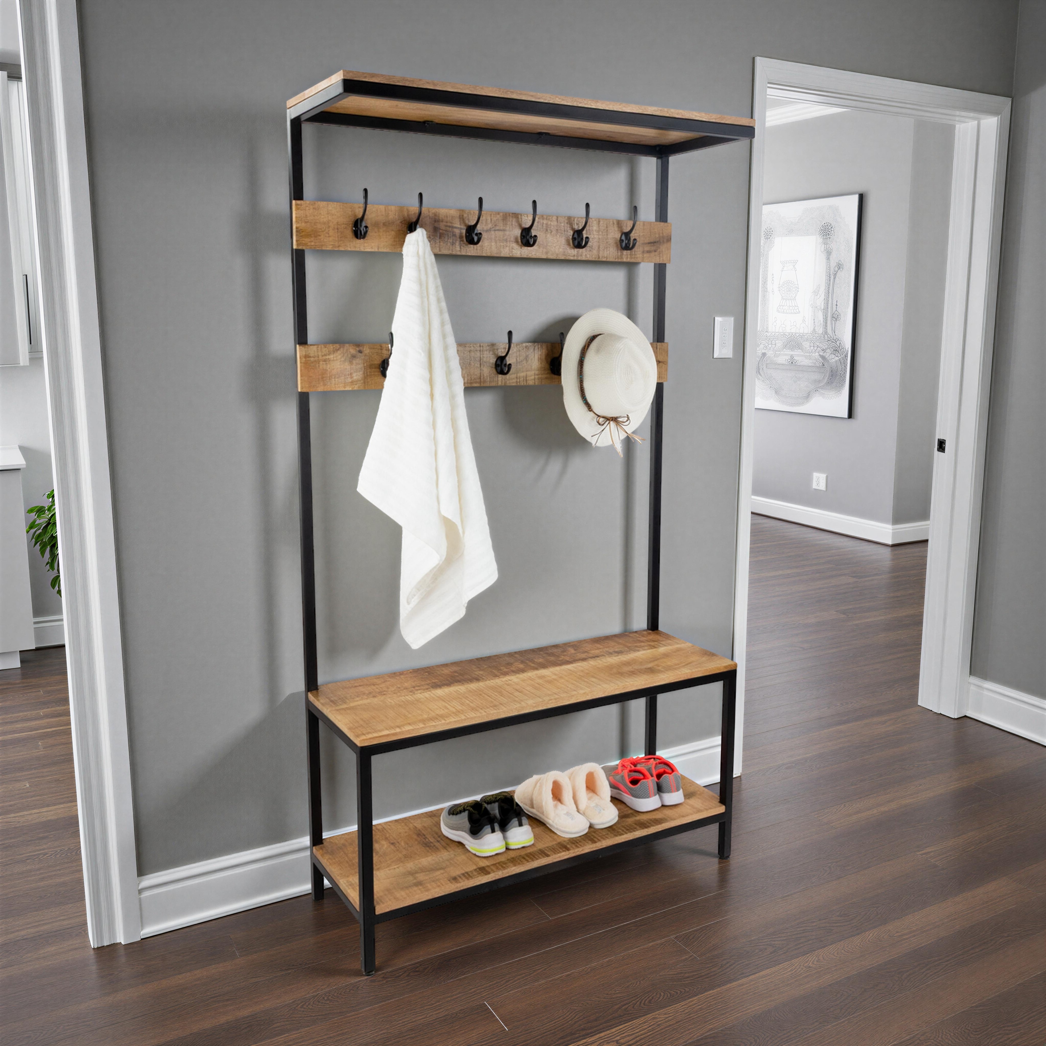 71" Tall Industrial Mango Wood & Iron Hall Tree with Coat Hooks and Storage Bench