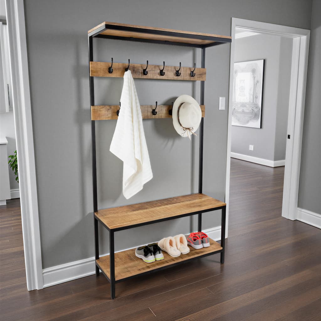 71" Tall Industrial Mango Wood & Iron Hall Tree with Coat Hooks and Storage Bench