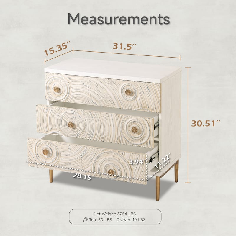COZAYH Farmhouse Embossed 3 Drawer Dresser with Ring Motif, Distressed Boho Nightstand for Bedroom, Living Room, French Country