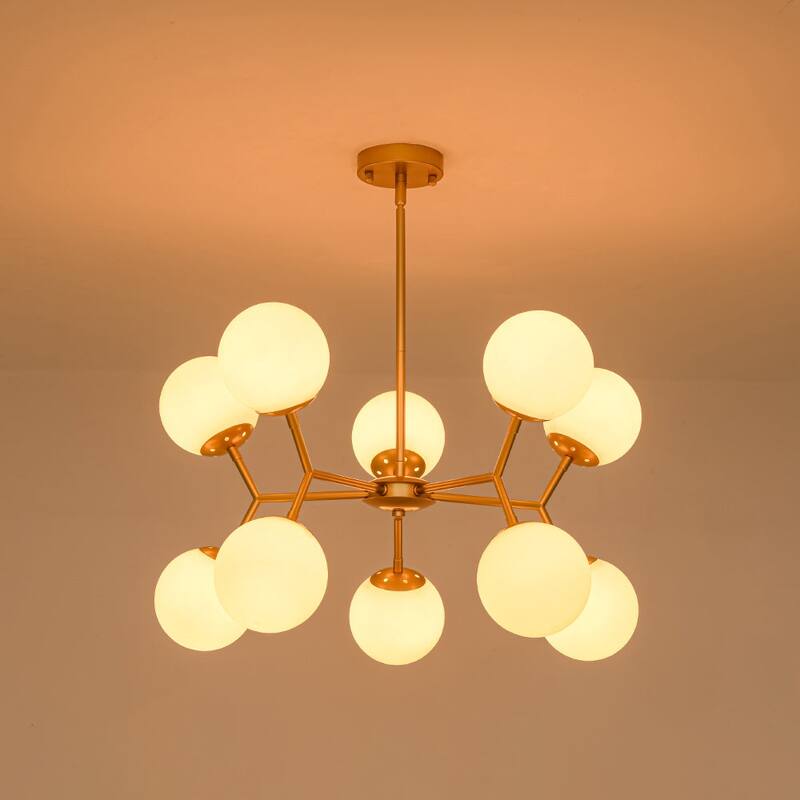 Mid-Century 10-Light Milky Glass Globe Round Branched Chandelier