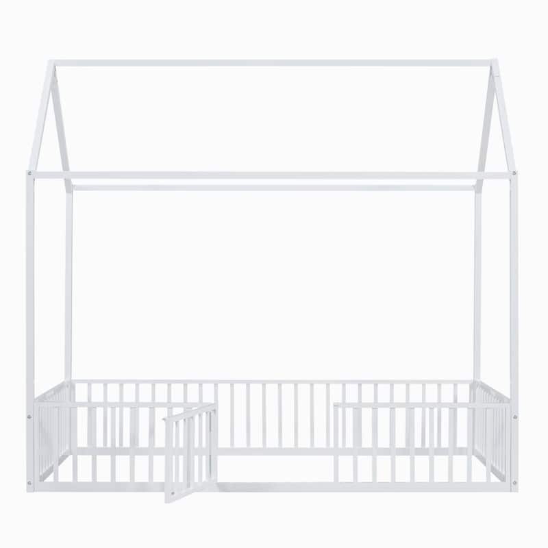 Metal House Bed with Fence, Roof & Door