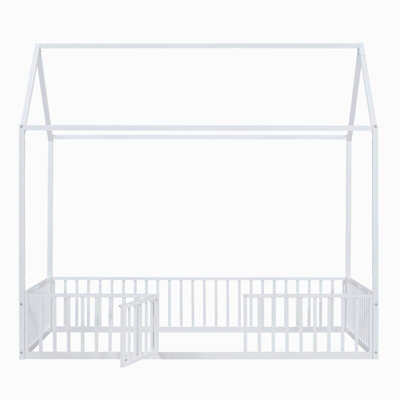White Twin Size Metal House Bed with Fence and Play Door for Kids