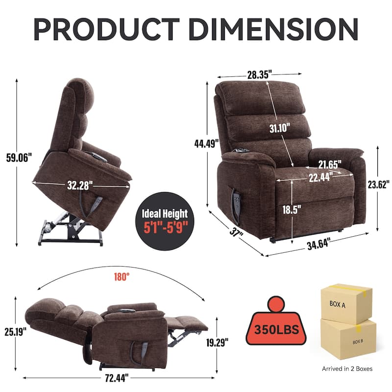 Dual Motor Power Lift Recliner Chair with Massage and Lumbar Heat - Chenille Fabric, Electric Recline
