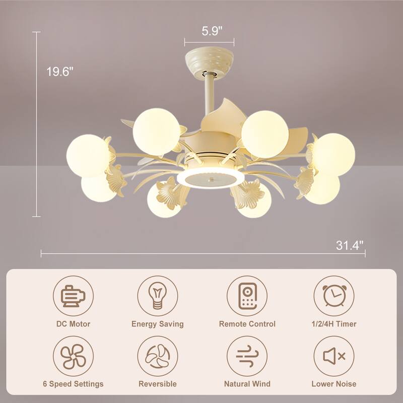 Indoor Chandelier Ceiling Fan with Light and Remote, Beige Fandelier with Milky Globe Shade for Bedroom