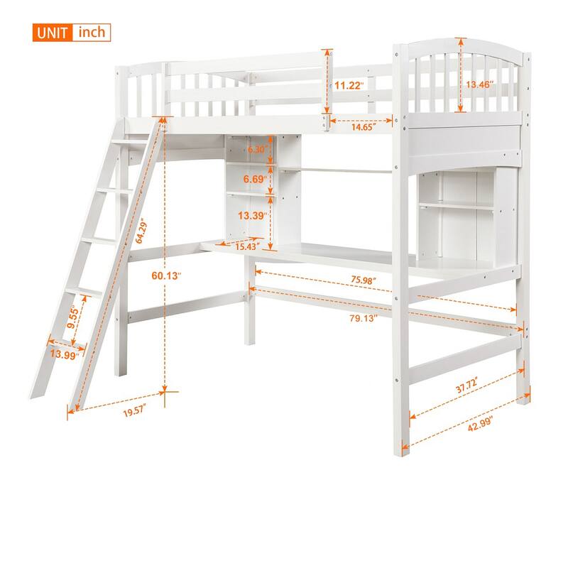 Twin Size Loft Bed with Storage Shelves, Desk, and Ladder