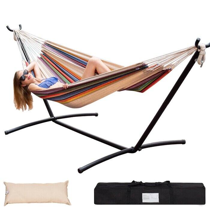 Double Cotton Hammock with Heavy Duty Steel Stand - Multi
