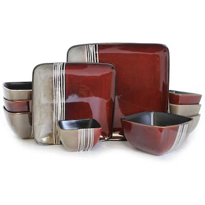 16 Piece Dinnerware Set Maroon and Beige Stripe
