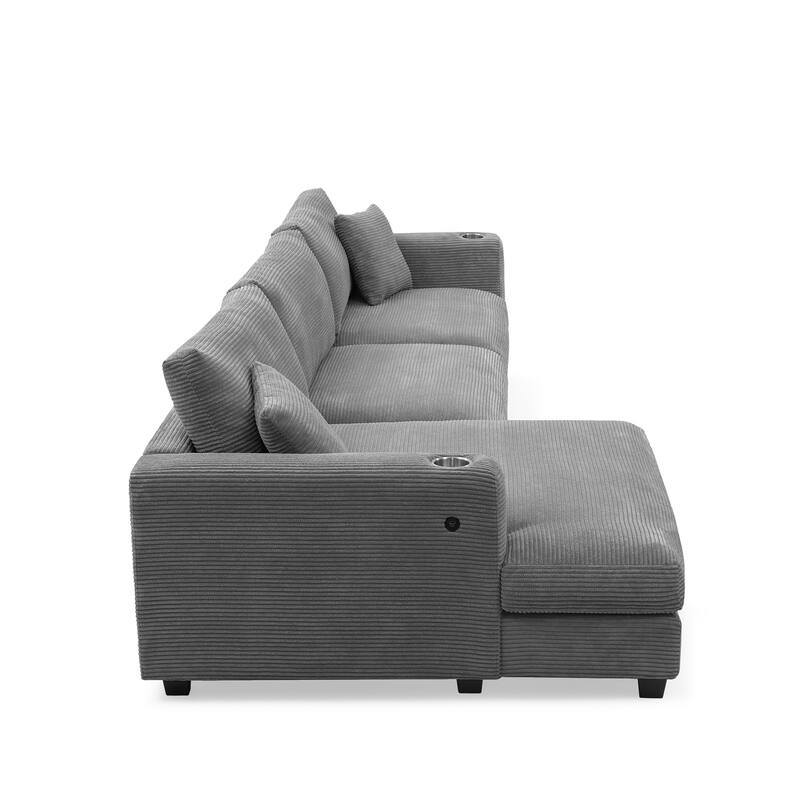134" Corduroy Sectional Sofa with USB & 50" Chaise