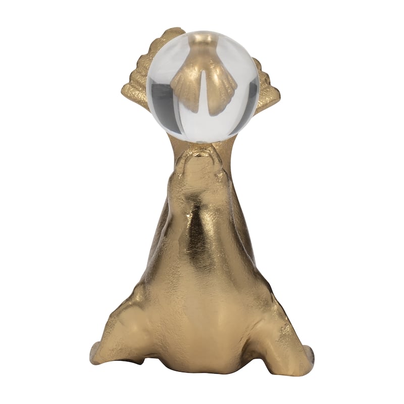 Sagebrook Home 7 Inches Gold Metal Sea Lion Figurine with Acrylic Ball - 7" x 5" x 7"