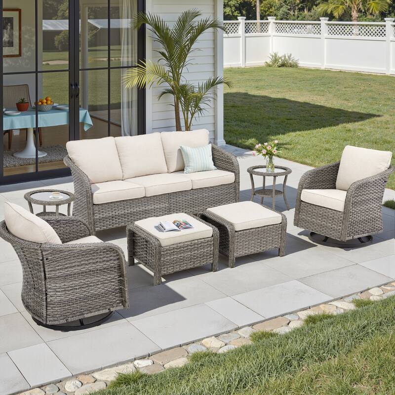 Pocassy Outdoor Patio Wicker Sofa Chair Furniture Set - Light Grey Wicker Beige Cushion - 7 Pieces Sofa Swivel Chair Table with Ottoman