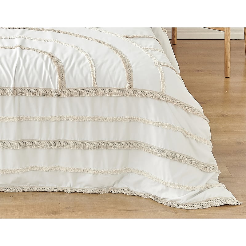Sweet Jojo Designs Ivory Boho Chic Sun Boy Girl Unisex Queen Duvet Cover Bedding Set Cotton Bohemian Farmhouse Shabby Fringe