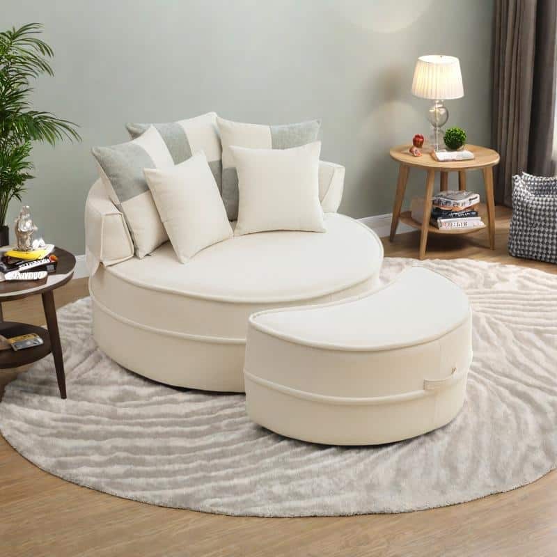 Chenille Oversized Round Barrel Chair with Ottoman, 5 Pillows, and No-Sag Rebound Sponge