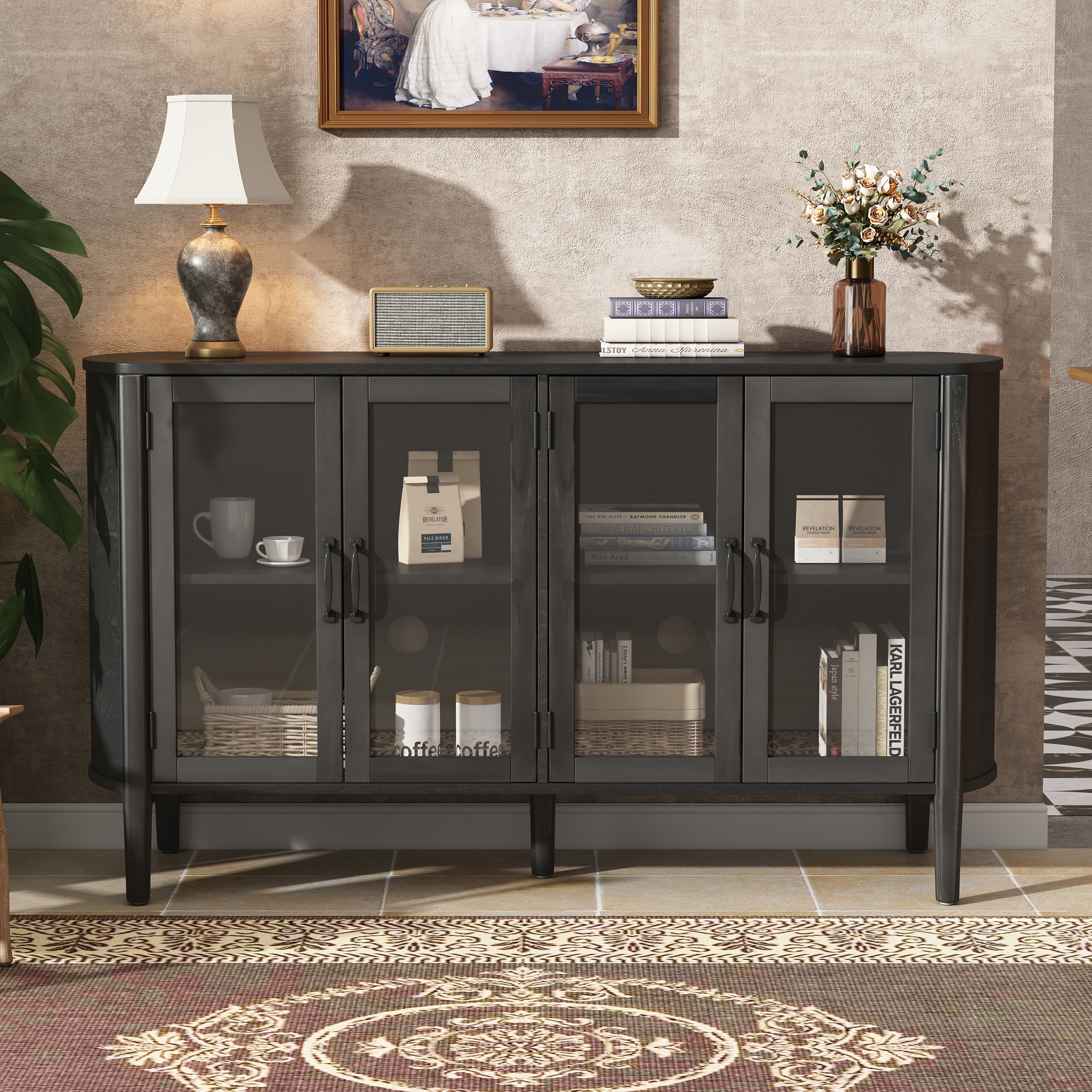 4-Door Wood Storage Cabinet Buffet Sideboard with Shelves, Modern Display Cabinet with Glass Doors, Accent Console Table