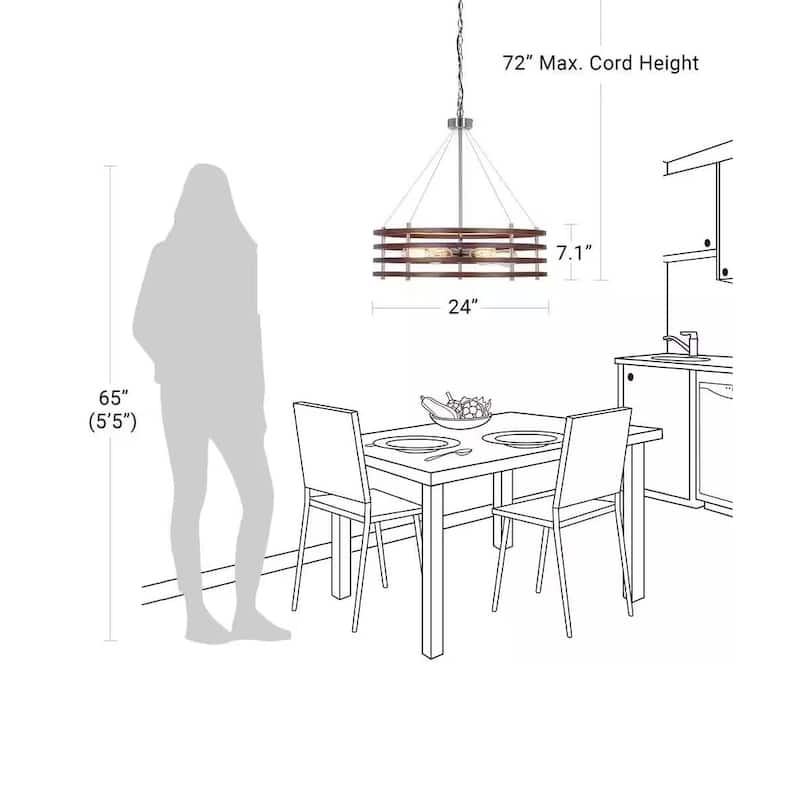 Catalina 24"W 6-Light Polished Nickel Drum Modern Pendant Mahogany Wood Finish Shade - N/A