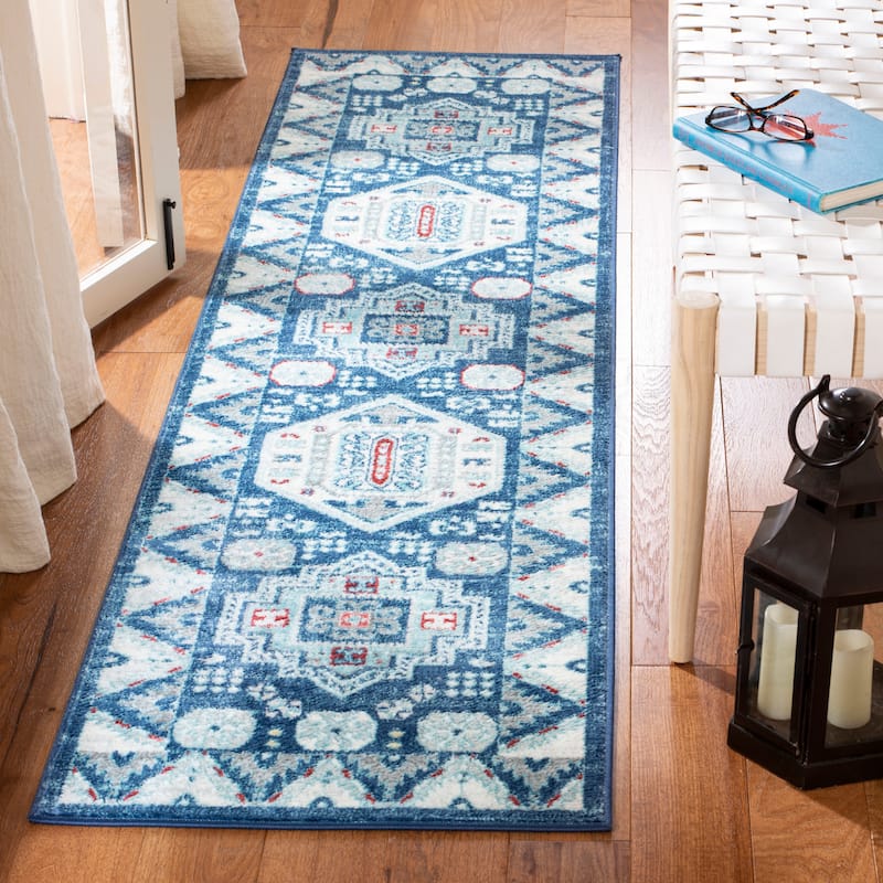 SAFAVIEH Kazak Pamala Traditional Oriental Rug - 2' x 8' Runner - Blue/Creme