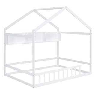 White Pine Wood Playhouse Bed with Roof, Fence & Storage Shelf