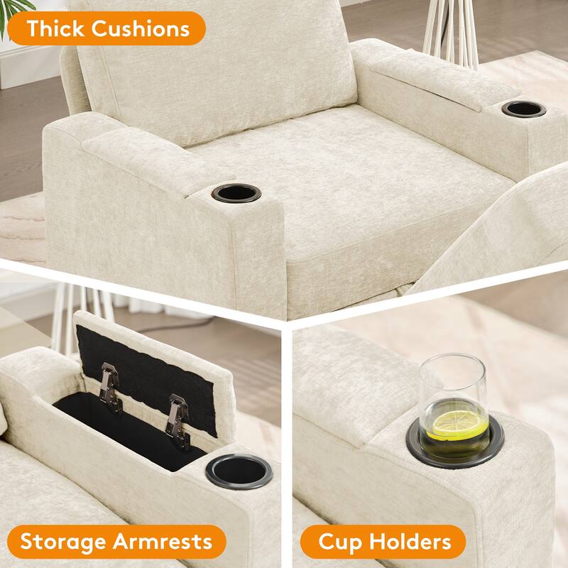 4-Seater Chenille Storage Sofa with Cup Holders