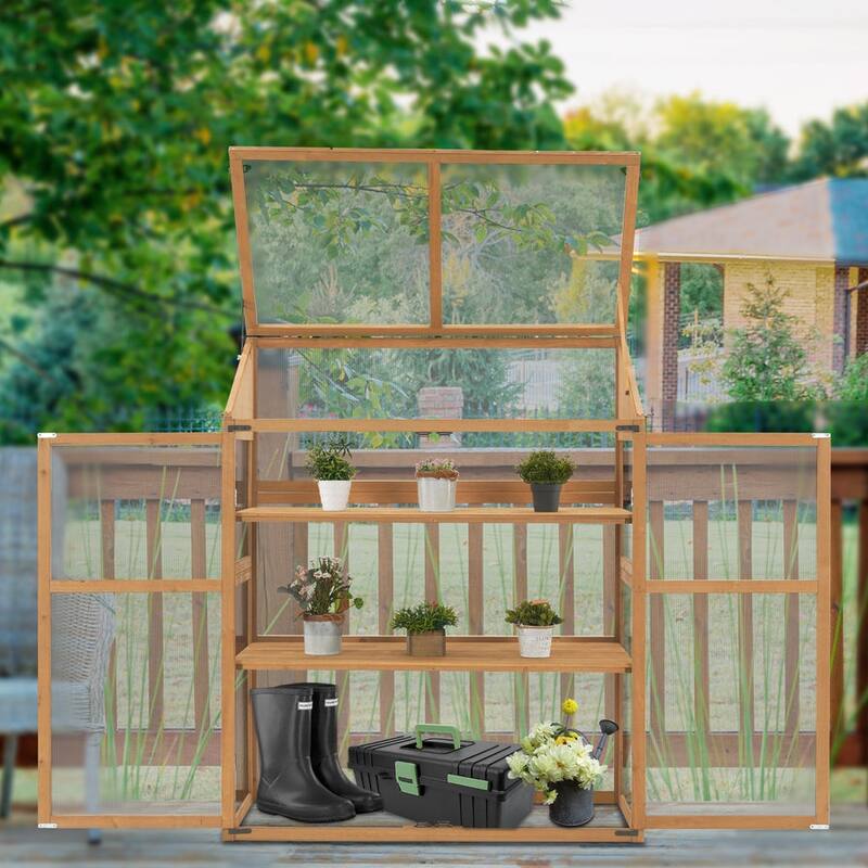 MCombo Cold Frame Greenhouse with Adjustable Shelves, Solid Wood 1344